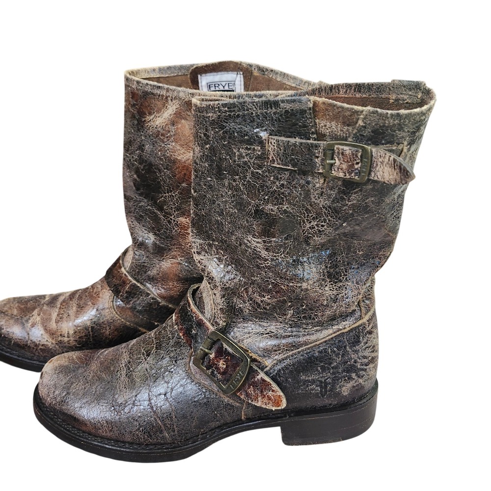 Frye Veronica short distressed brown leather Grunge moto harness boots L 8.5 - Picture 11 of 14